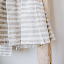 Load image into Gallery viewer, Tan Striped Tea Towel with Ruffle by Sweet Water Decor